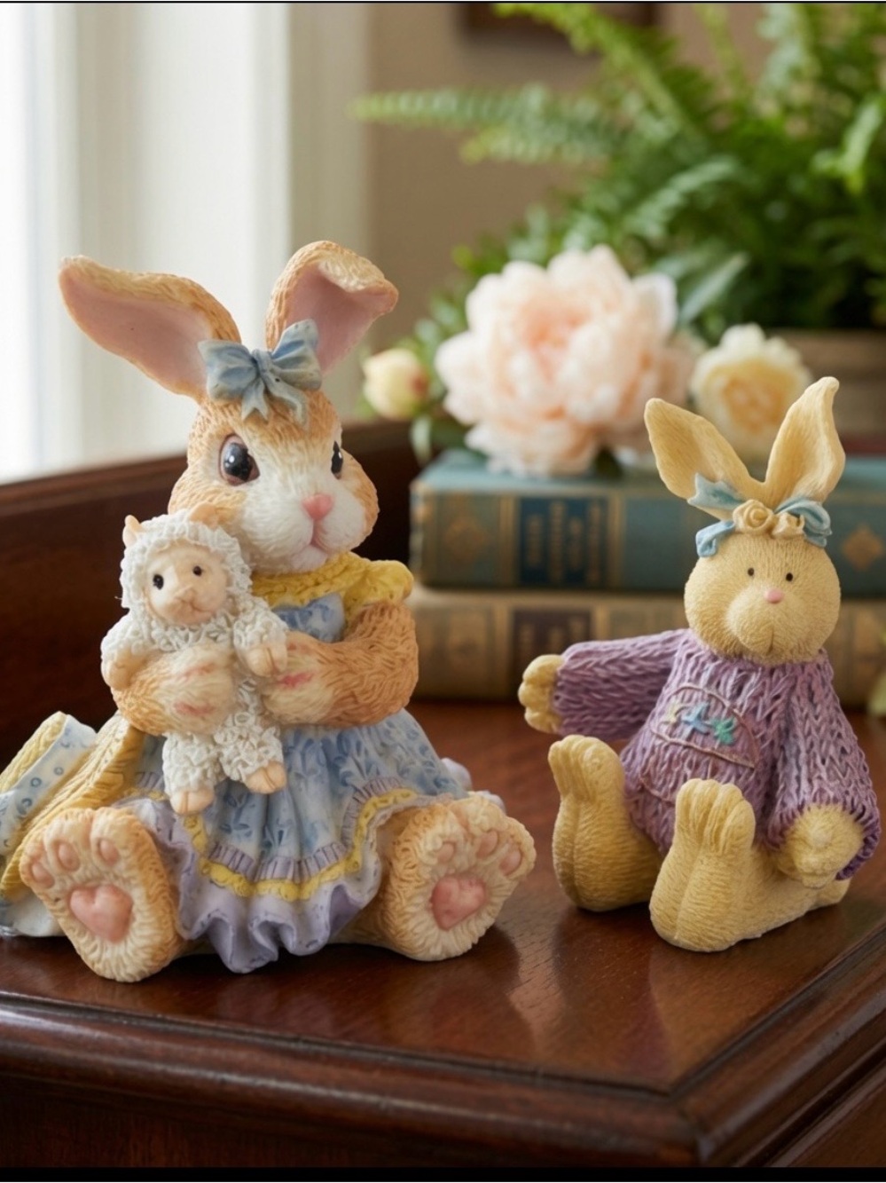 Pair of Bunny Rabbit Figurines Easter Decor Collectibles